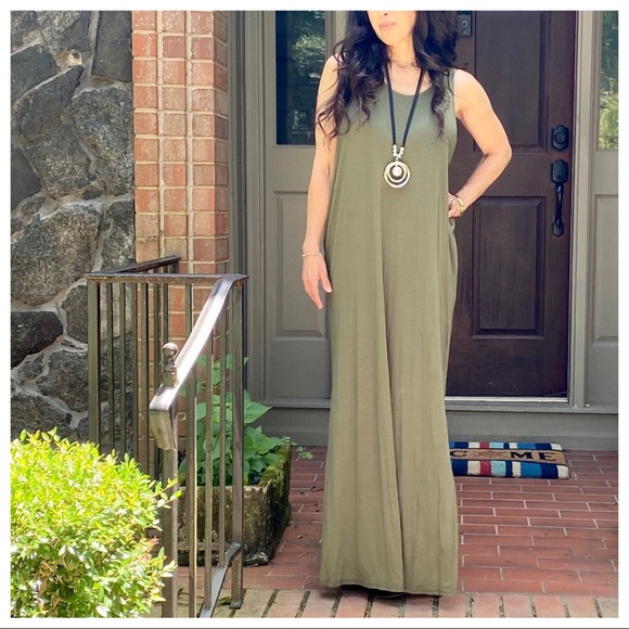 OLIVE GREEN SIDE SLITS TANK MAXI DRESS - Picture 6 of 15